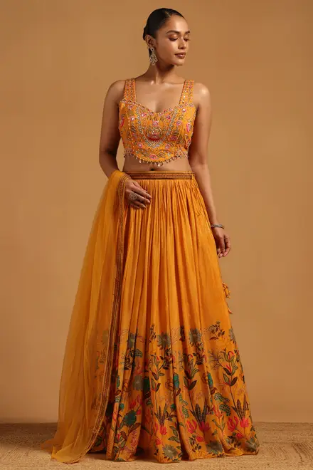 Mustard Dola Silk Floral Lehenga Choli With Beads And Stones